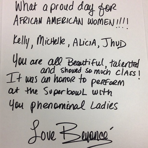 beyonce super bowl note