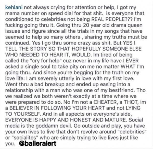 Kehlani response suicide