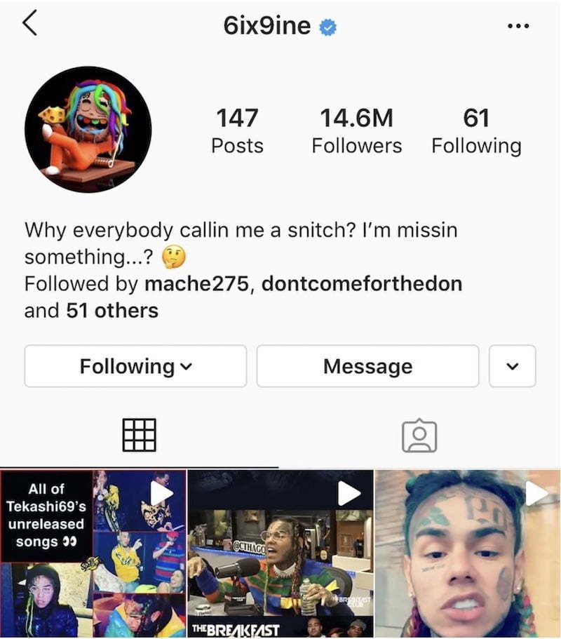 6ix9ine Instagram Comment