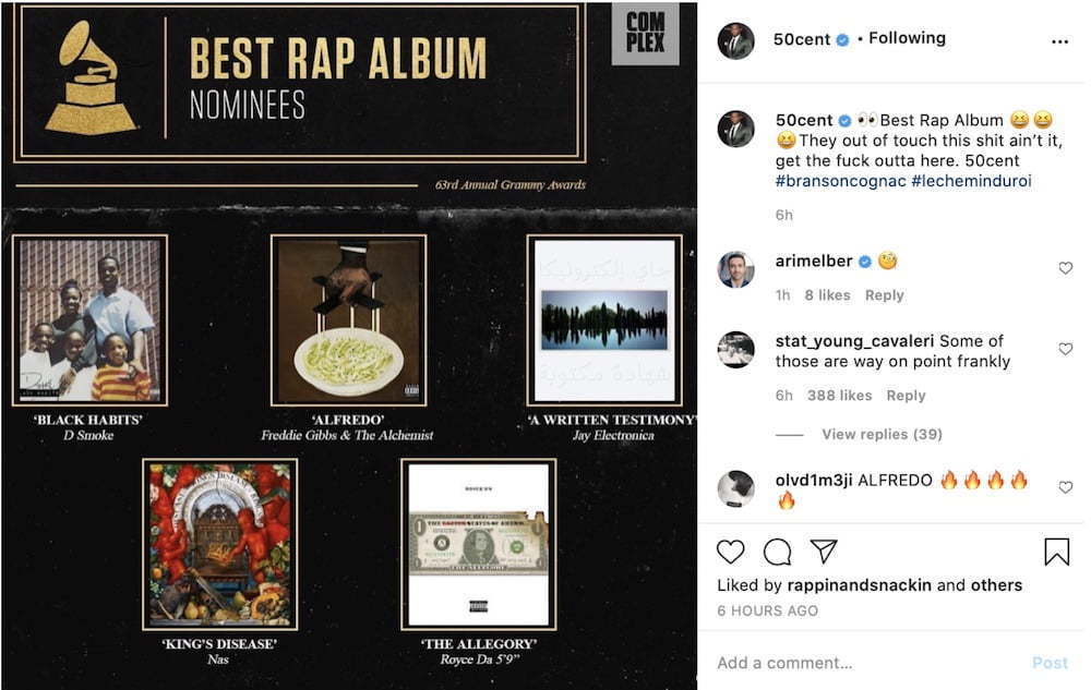 50 Cent Blasts The Grammys "They Out Of Touch" Over Best Rap Album